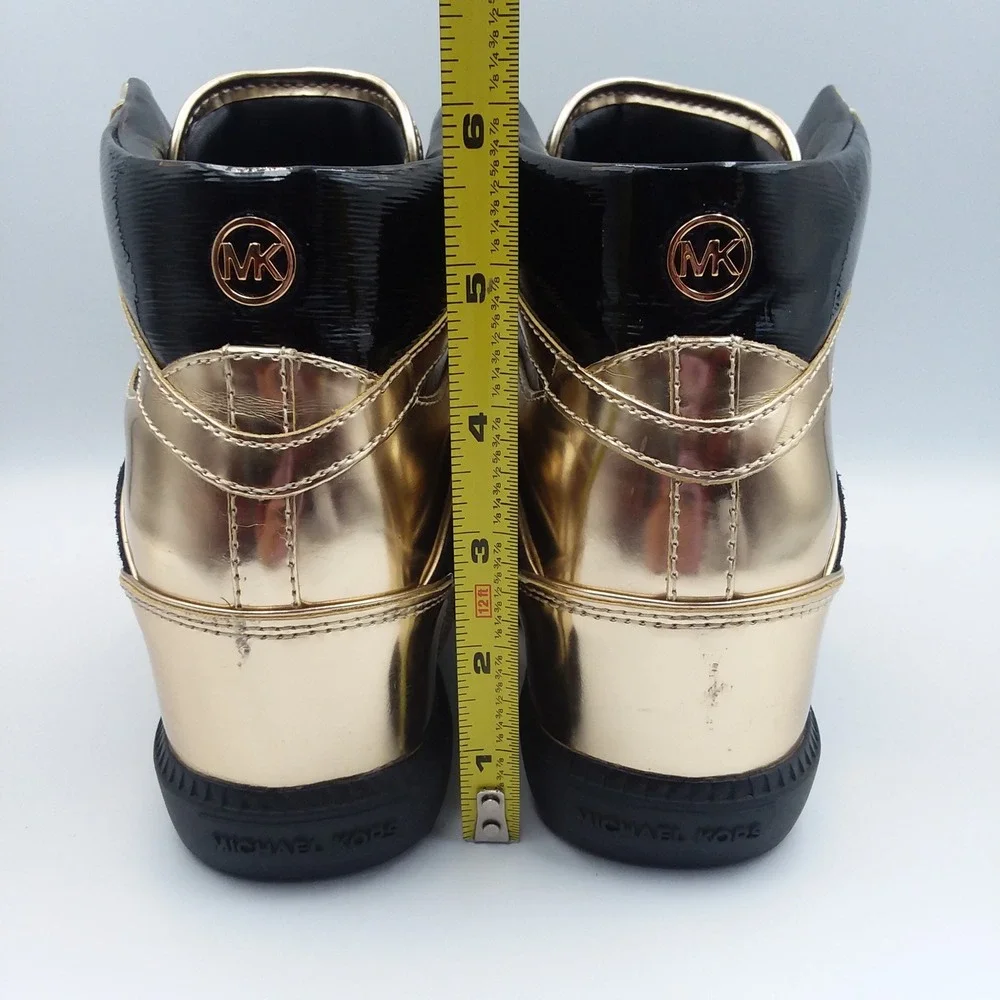 Michael Kors Nikko High-Top Wedge Sneakers Black Gold Patent‎ Leather Women's 8M